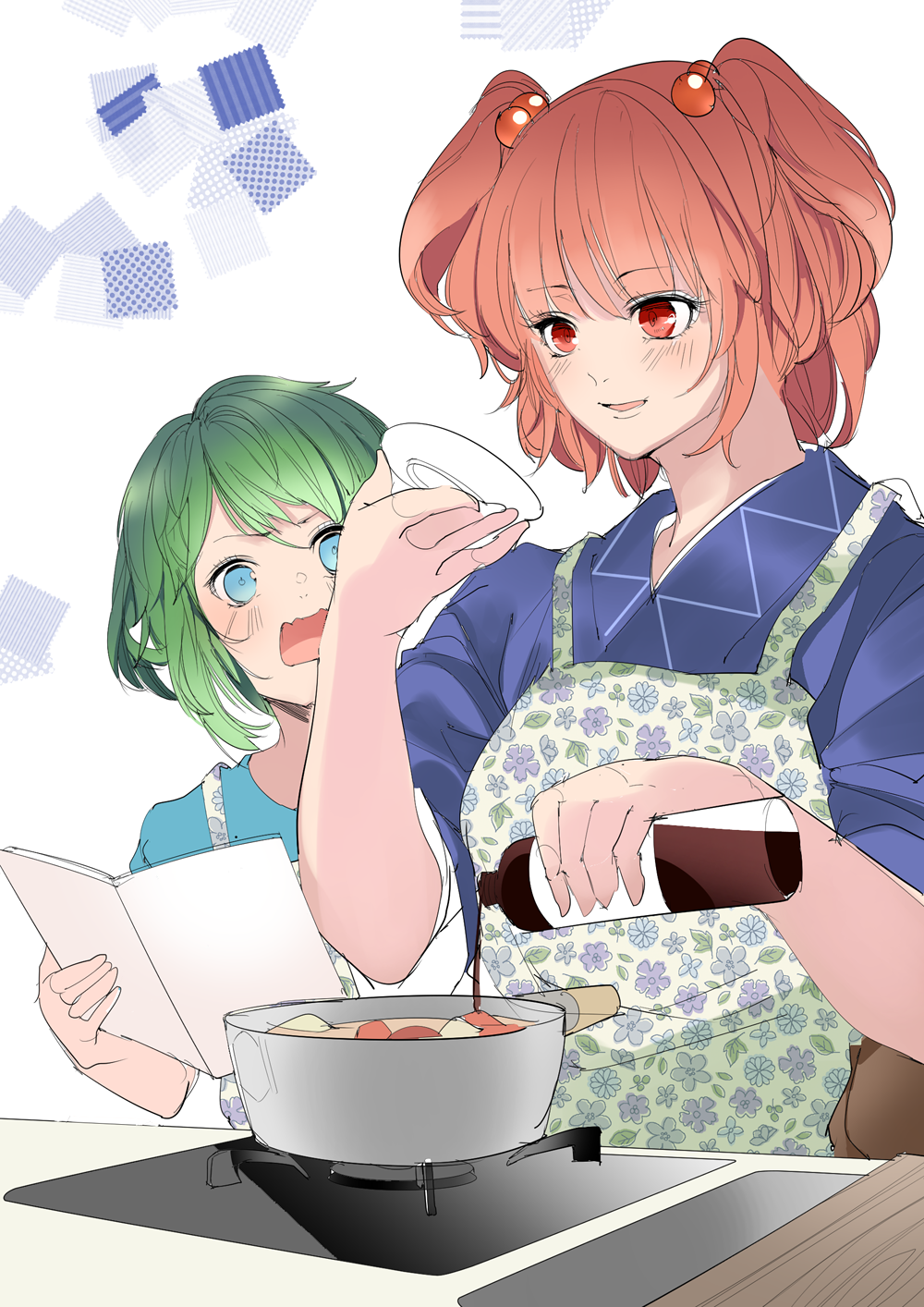 2girls, apron, book, bottle, contemporary, cooking, floral_print, fumikiri_(dake_no_hito)