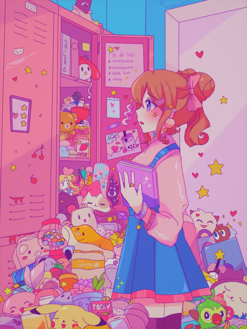 1girl, absurdres, bishoujo_senshi_sailor_moon, black_legwear, blue_skirt, blush, book, bow, brown_hair, character_request, cherry, cowboy_shot, double_bun, food, fruit, gen_1_pokemon, gen_8_pokemon, grookey, gumball_machine, hair_bow, hair_ornament, hairclip, highres, holding, holding_book, locker, meowwniz, original, pikachu, pink_bow, pink_shirt, pokemon, pokemon_(game), pokemon_swsh, profile, shirt, skirt, solo, star_(symbol), suspender_skirt, suspenders, thigh-highs, tsukino_usagi
