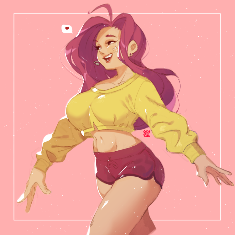 1girl, ahoge, breasts, brown_eyes, collarbone, cropped_legs, cropped_sweater, english_commentary, headset, heart, large_breasts, navel, off-shoulder_sweater, off_shoulder, open_hands, open_mouth, original, red_shorts, redhead, short_shorts, shorts, snowcie, solo, speech_bubble, spoken_heart, star_(symbol), sticker, sweater, walking, yellow_sweater