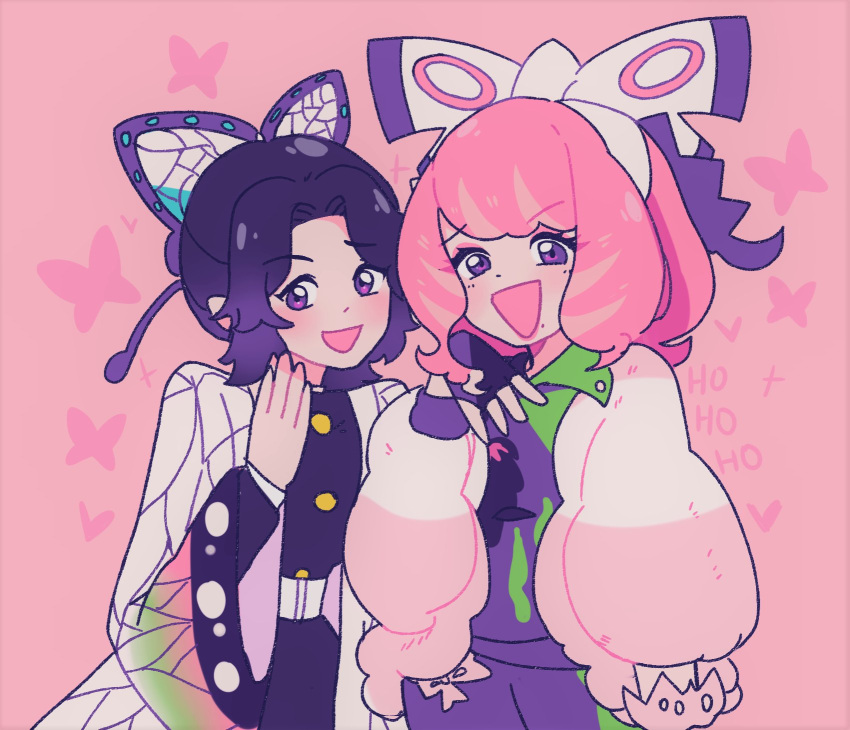 2girls, bangs, belt, bug, butterfly, butterfly_hair_ornament, collared_shirt, english_commentary