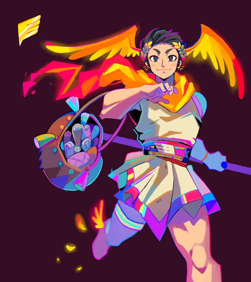 1boy, bag, black_background, black_eyes, black_hair, blush, cape, denaseey