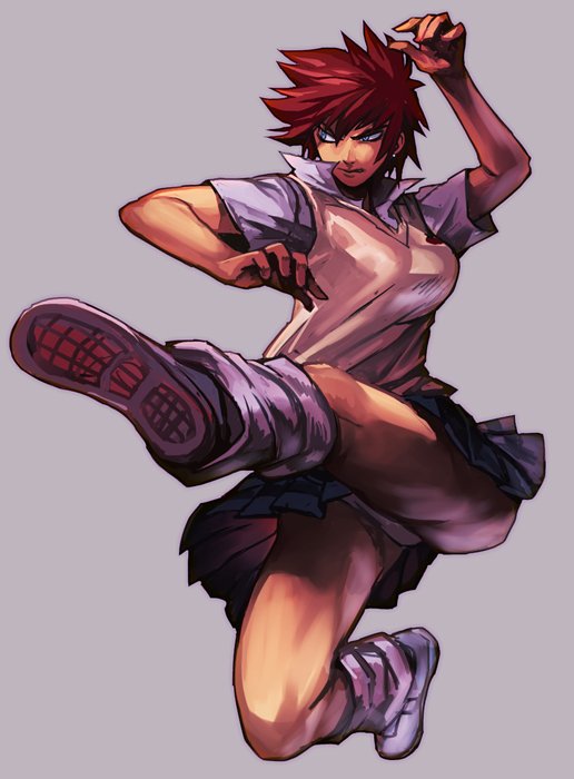 1girl, aikawa_maki, air_master, beige_background, blue_eyes, collared_shirt, full_body, hankuri, kicking, loose_socks, midair, panties, pantyshot, pleated_skirt, redhead, school_uniform, shirt, shoes, short_hair, short_sleeves, simple_background, skirt, sneakers, solo, tomboy, underwear, upskirt, vest