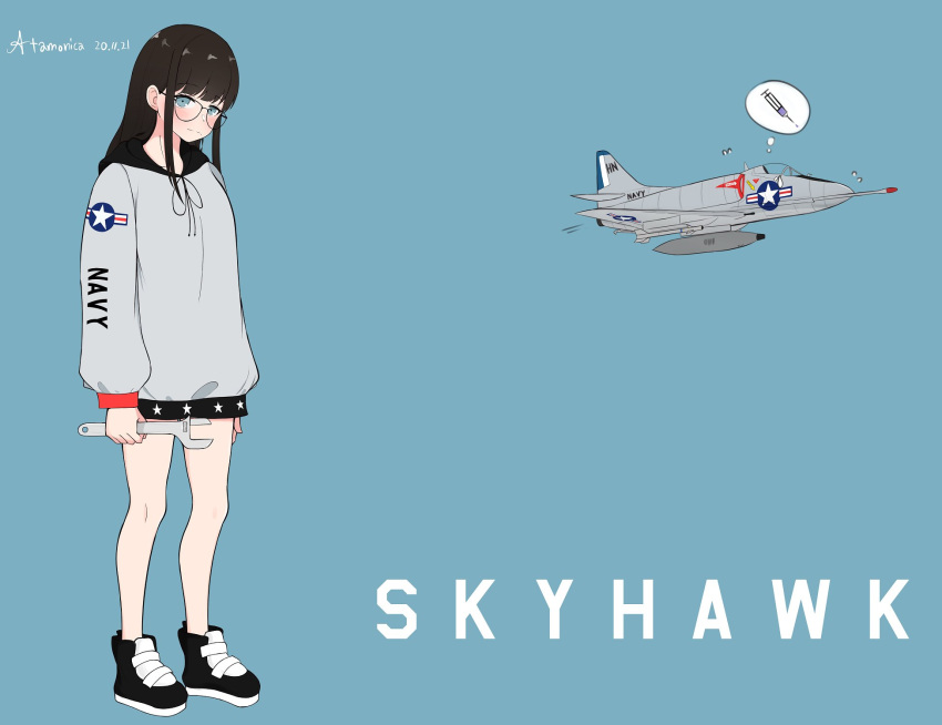 1girl, a-4_skyhawk, aircraft, airplane, artist_name, atamonica, bangs, black_hair, blue_eyes, blunt_bangs, blush, dated, english_commentary, eyebrows_visible_through_hair, fighter_jet, grey_hoodie, highres, holding, holding_wrench, hood, hoodie, jet, korean_commentary, light_smile, long_hair, looking_at_viewer, military, military_vehicle, mixed-language_commentary, original, sidelocks, solo, syringe, thought_bubble, united_states_navy, wrench