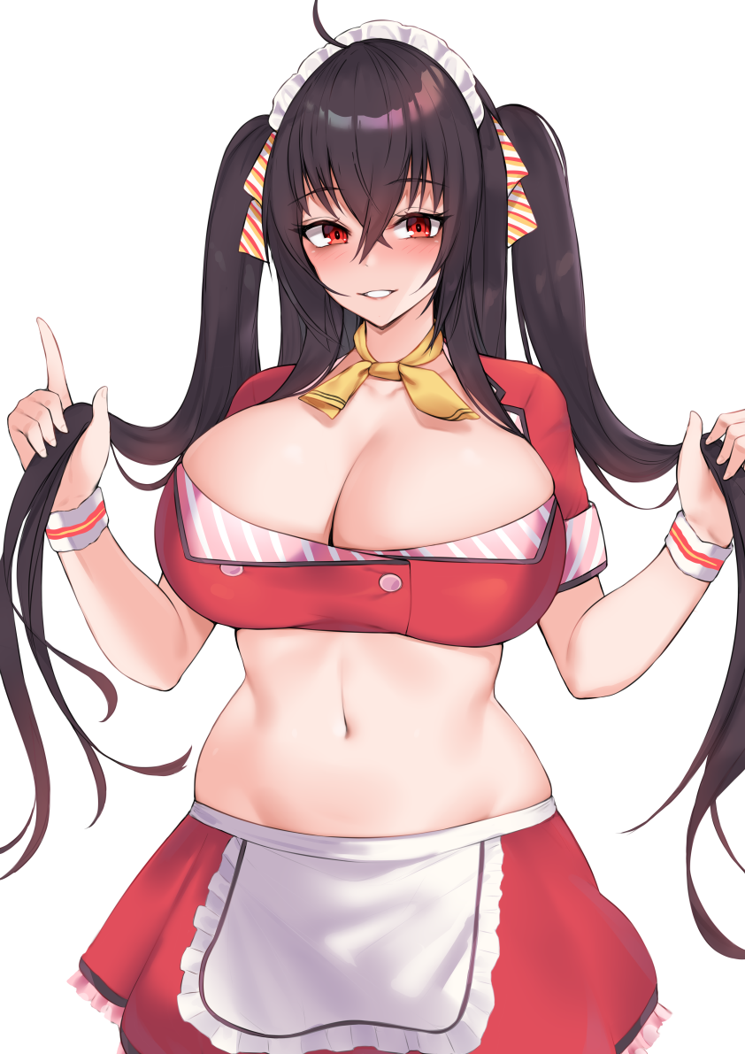 1girl, ahoge, apron, azur_lane, bangs, black_hair, blush, breasts