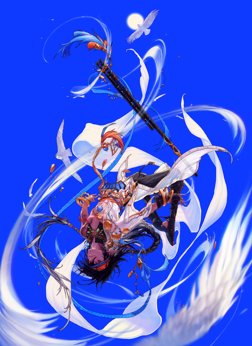1boy, absurdres, artist_request, bird, black_hair, black_pants, blue_background, braid, dungeon_and_fighter, feathers, floating, flying, headband, highres, long_hair, looking_at_viewer, male_mage_(dungeon_and_fighter), official_art, pants, pointy_ears, solo, staff, sun, swift_master_(dungeon_and_fighter), upside-down