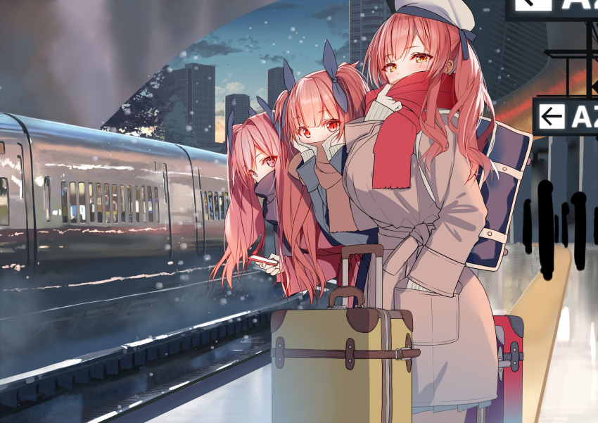 3girls, ahoge, akusema, azur_lane, bag, black_legwear, blush, bow