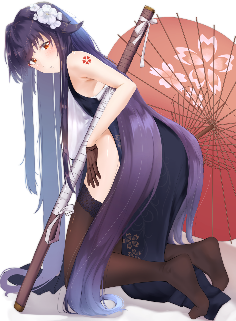 1girl, ass, azuma_(azur_lane), azuma_(soft_voice_of_spring)_(azur_lane), azur_lane, breasts, brown_gloves, china_dress, chinese_clothes, dress, flower, full_body, gloves, hair_between_eyes, hair_flower, hair_ornament, half_gloves, highres, large_breasts, leaning_forward, long_hair, looking_at_viewer, looking_back, miss_non, orange_eyes, oriental_umbrella, purple_hair, sakura_empire_(emblem), sheath, shoulder_tattoo, simple_background, solo, tattoo, thigh-highs, umbrella, very_long_hair, white_background, white_flower
