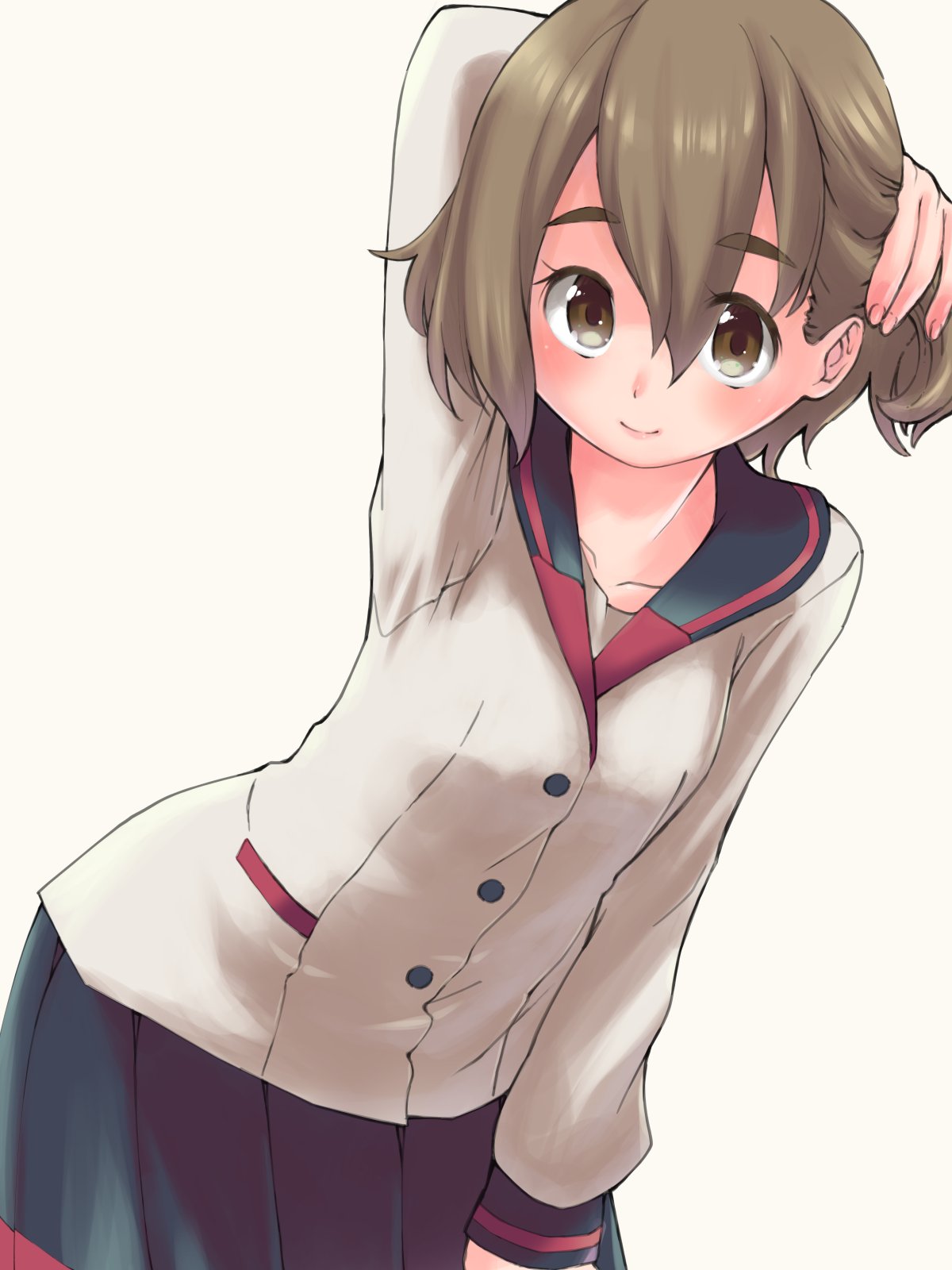 1girl, arm_up, bangs, black_skirt, brown_eyes, brown_hair, buttons, collarbone