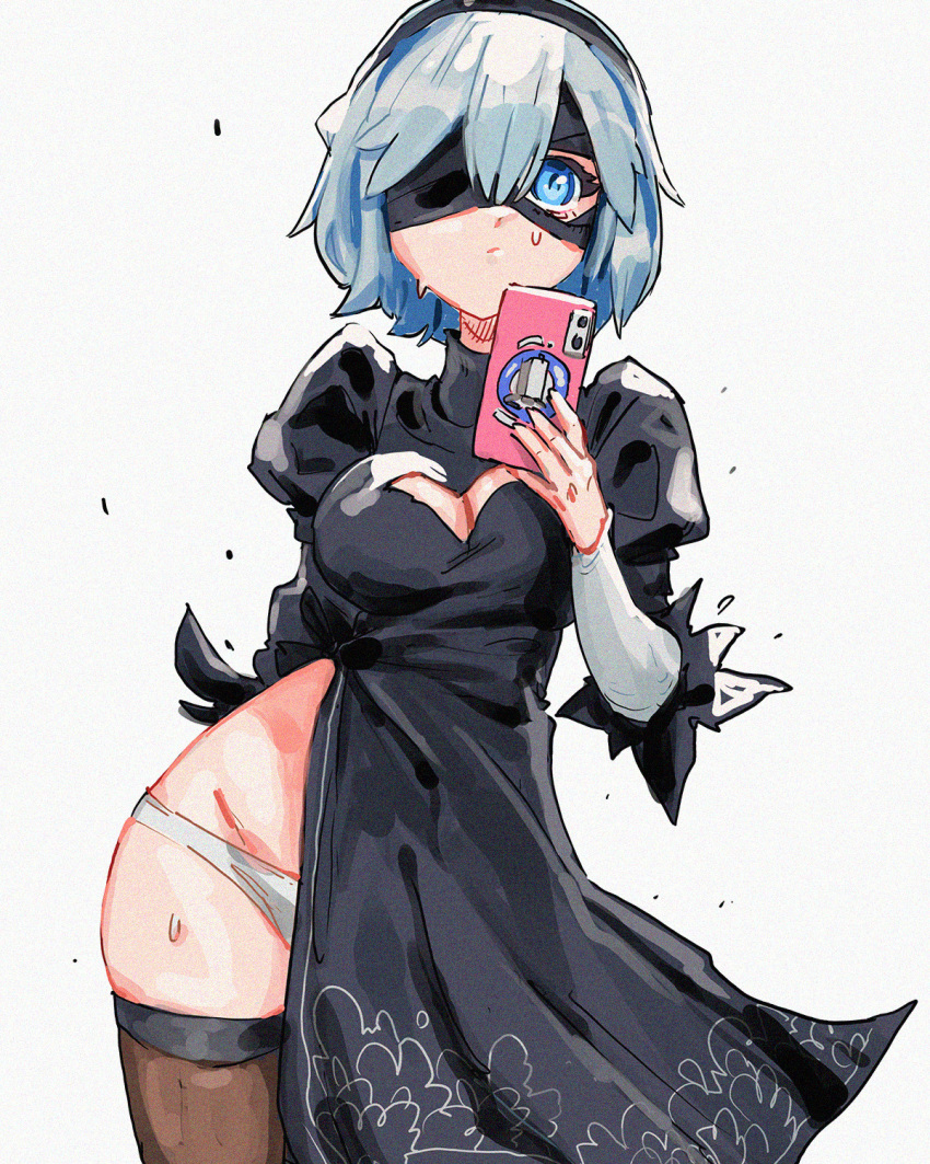 1girl, arm_behind_back, black_dress, black_hairband, blindfold, blue_eyes, cowboy_shot, davecavedraws, dress, feather-trimmed_sleeves, grey_hair, hairband, highres, juliet_sleeves, long_sleeves, looking_at_viewer, nier_(series), nier_automata, one_eye_covered, panties, phone, puffy_sleeves, short_hair, solo, sweatdrop, thigh-highs, underwear, white_panties, yorha_no._2_type_b