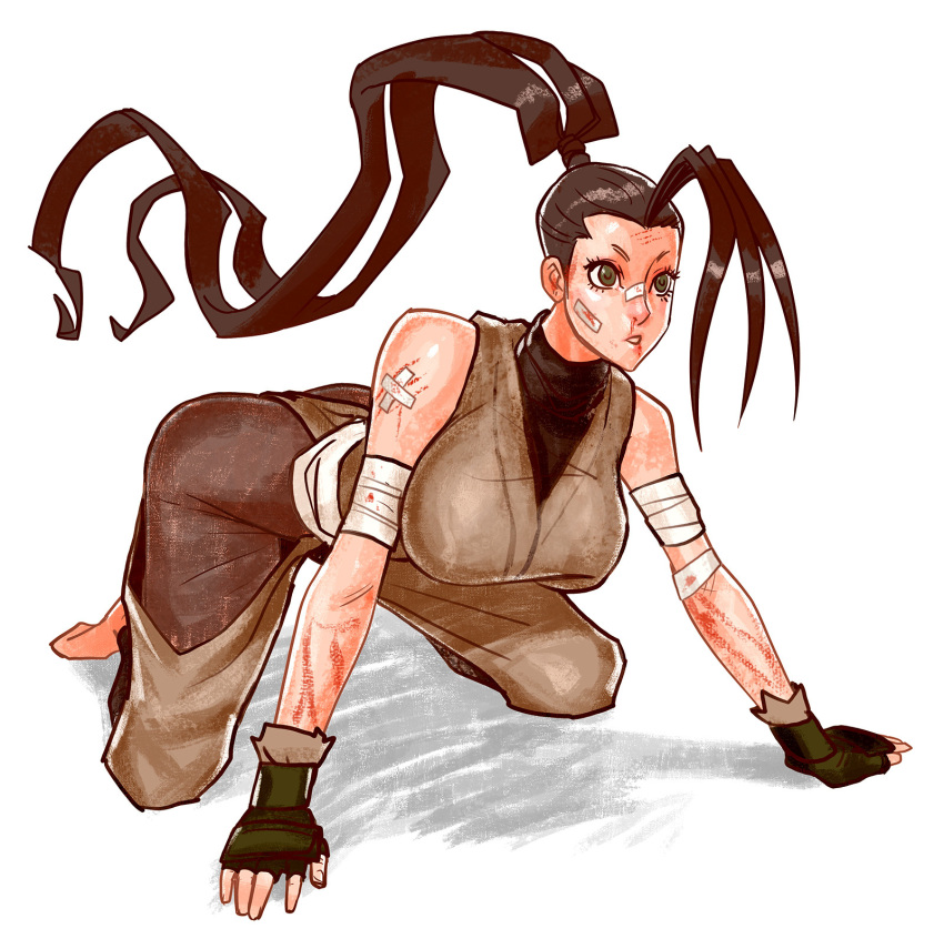 1girl, bandages, black_gloves, brown_eyes, brown_hair, davecavedraws, fingerless_gloves, floating_hair