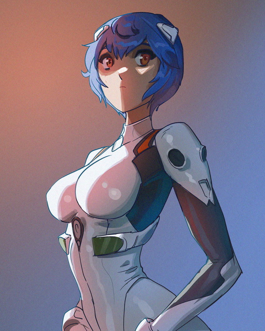 1girl, ayanami_rei, bangs, blue_hair, bodysuit, breasts, cowboy_shot, davecavedraws
