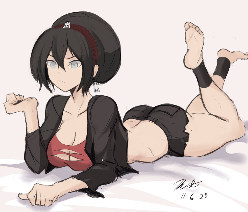 1girl, ass, avatar:_the_last_airbender, avatar_legends, barefoot, black_hair, black_shirt, black_shorts