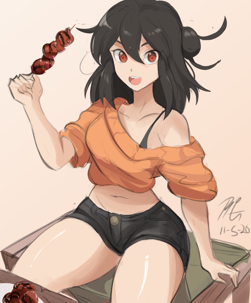 1girl, black_hair, black_shorts, borrowed_character, cowboy_shot, dated, food, hair_between_eyes