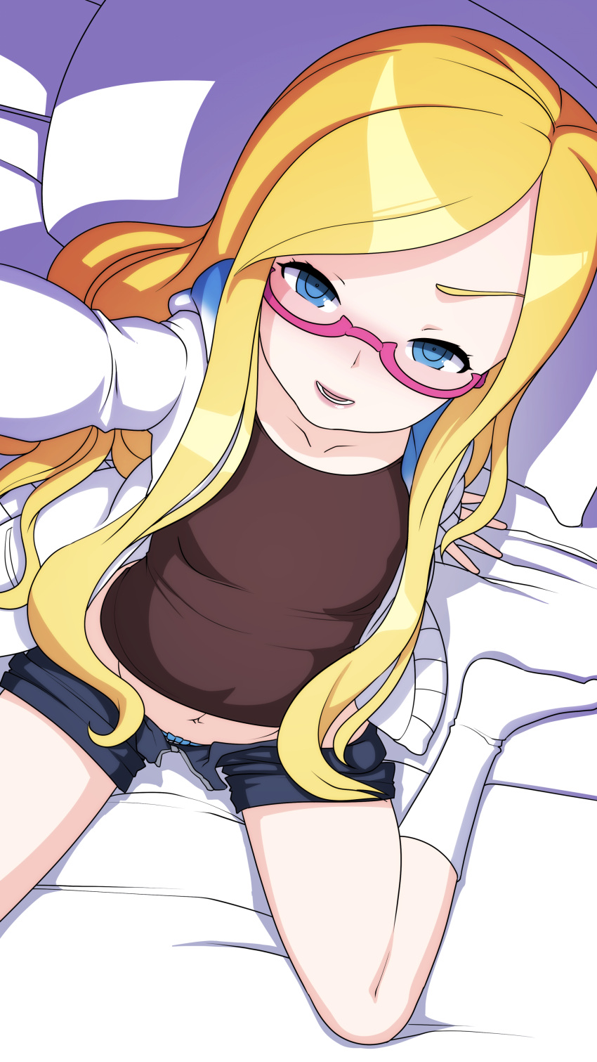 1girl, absurdres, arm_support, bed_sheet, blonde_hair, blsh, blue_eyes, blue_panties
