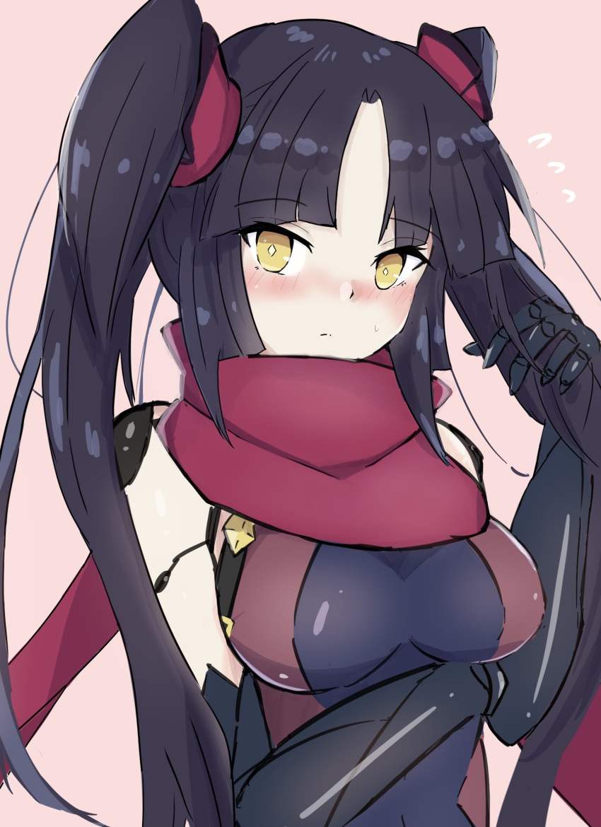 1girl, alternate_hairstyle, arm_under_breasts, black_hair, blush, fate/grand_order, fate_(series), hand_in_hair, highres, katou_danzou_(fate/grand_order), mechanical_arm, moyashi_(pixiv44153669), ninja, scarf, solo, twintails_day, yellow_eyes