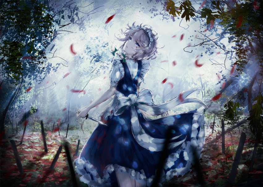 1girl, apron, blood, bloody_tears, blue_eyes, blue_skirt, blue_vest, blurry