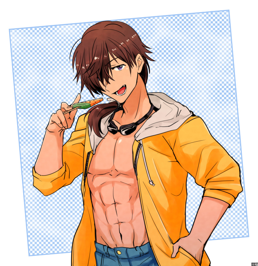 abs, brown_hair, fang, food, goggles, goggles_around_neck, hand_in_pocket, hansode_(pumpton)
