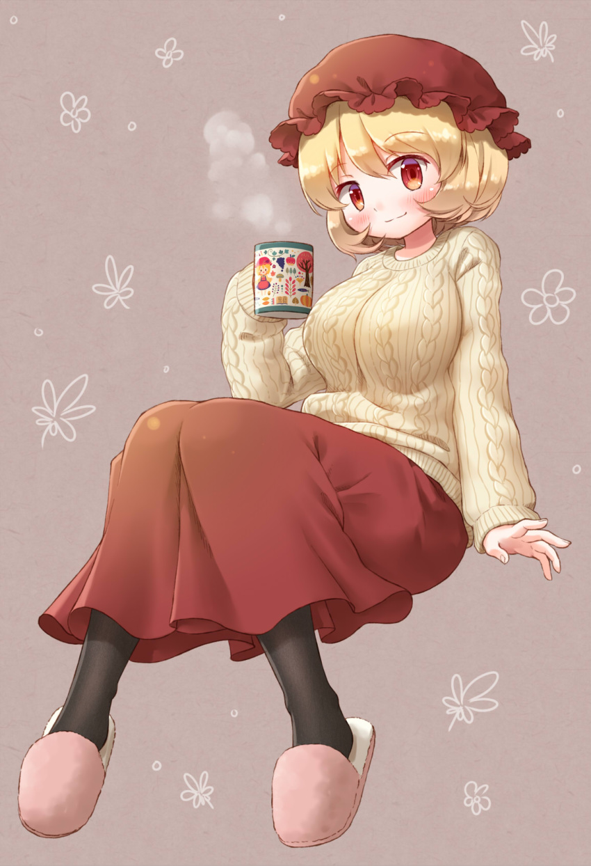 1girl, aki_minoriko, alternate_costume, arinu, blonde_hair, blush, breasts, cup