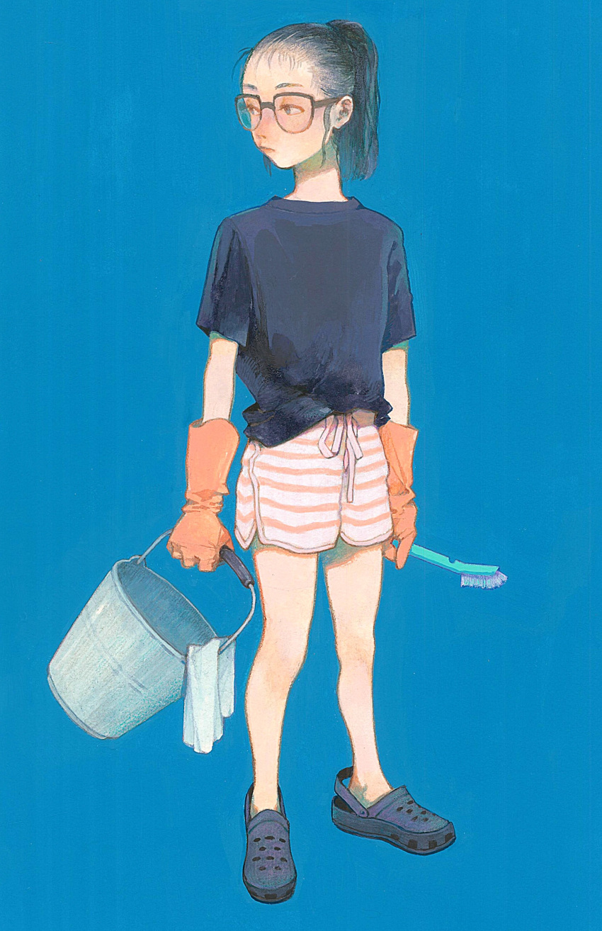 1girl, absurdres, black_hair, black_shirt, blue_background, brush, bucket, crocs