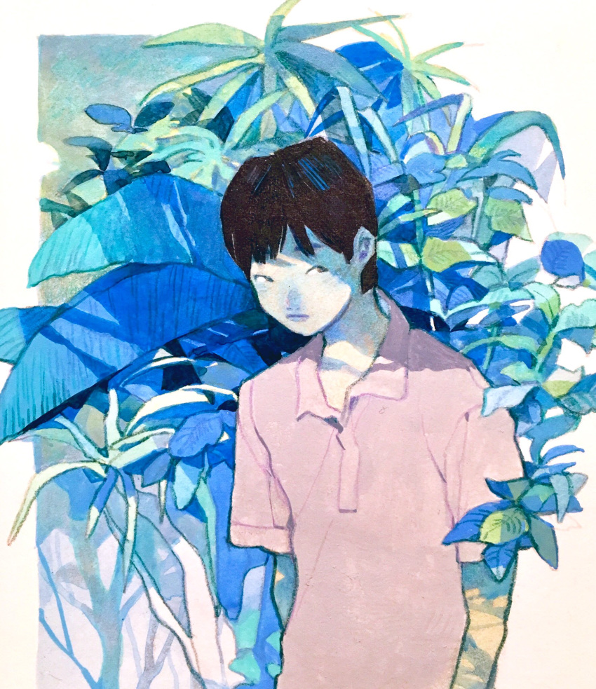 1boy, bangs, black_hair, collared_shirt, highres, kan0nakan0, leaf, original