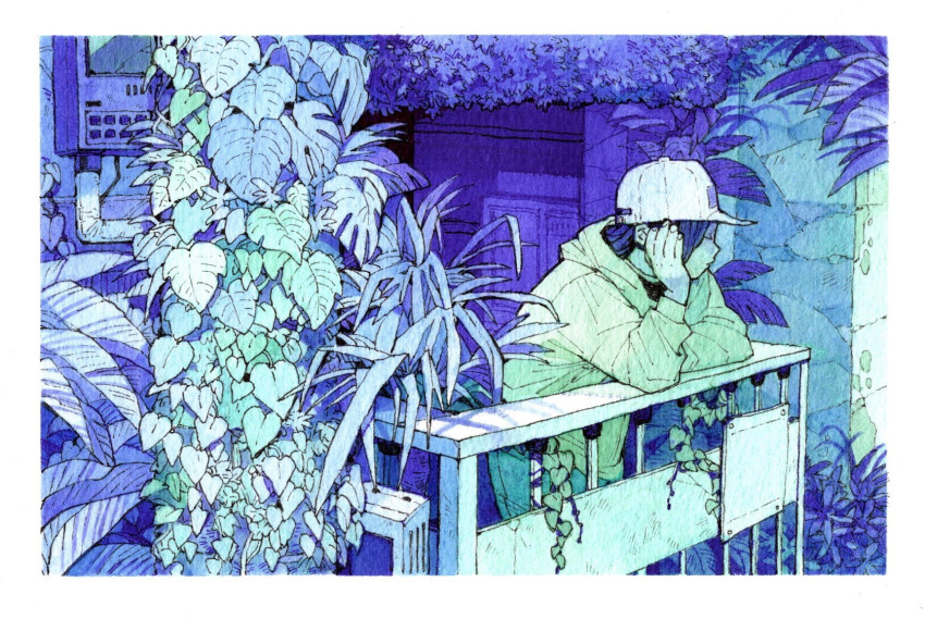 1girl, border, closed_eyes, cowboy_shot, hat, highres, kan0nakan0, leaf, leaning_forward, limited_palette, long_sleeves, original, plant, profile, solo, white_border, white_headwear, wide_shot