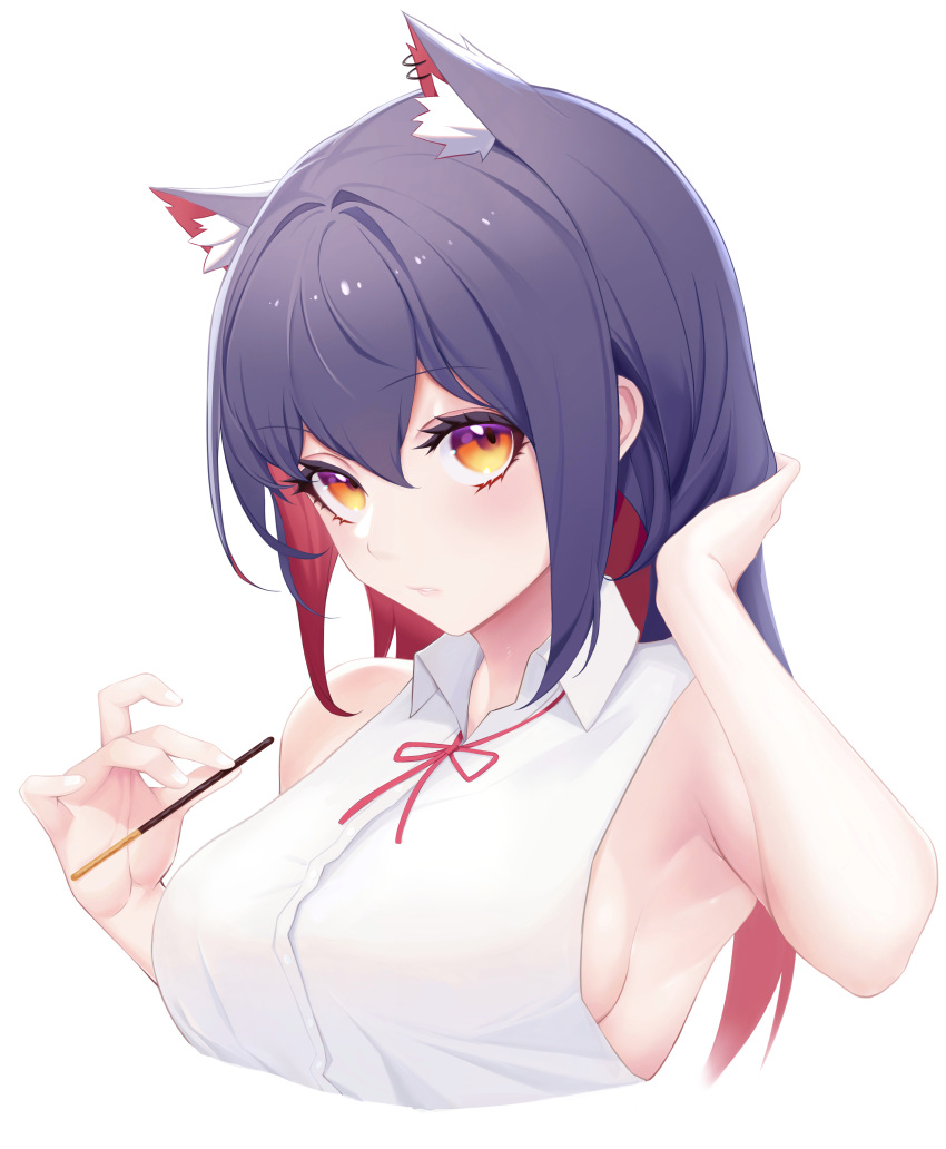 1girl, absurdres, animal_ear_fluff, animal_ears, arknights, bangs, bare_arms, bare_shoulders, blush, breasts, cropped_torso, eyebrows_visible_through_hair, food, hair_between_eyes, hands_up, highres, holding, holding_food, large_breasts, long_hair, looking_at_viewer, multicolored_hair, neck_ribbon, pocky, purple_hair, ranshangchen, red_neckwear, red_ribbon, redhead, ribbon, shirt, sideboob, sidelocks, simple_background, sleeveless, sleeveless_shirt, solo, texas_(arknights), upper_body, white_background, white_shirt, wing_collar, wolf_ears, yellow_eyes