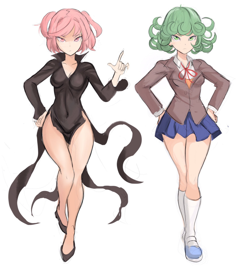 2girls, black_dress, black_footwear, blue_footwear, blue_skirt, brown_coat, coat, cosplay, costume_switch, covered_navel, doki_doki_literature_club, dress, green_eyes, green_hair, hand_on_hip, hand_up, highres, index_finger_raised, looking_at_viewer, multiple_girls, natsuki_(doki_doki_literature_club), natsuki_(doki_doki_literature_club)_(cosplay), one-punch_man, pink_eyes, pink_hair, rakeem_garcia-cueto, red_neckwear, red_ribbon, ribbon, shirt, shoes, short_hair, simple_background, skirt, socks, standing, tatsumaki, tatsumaki_(cosplay), white_background, white_legwear, white_shirt