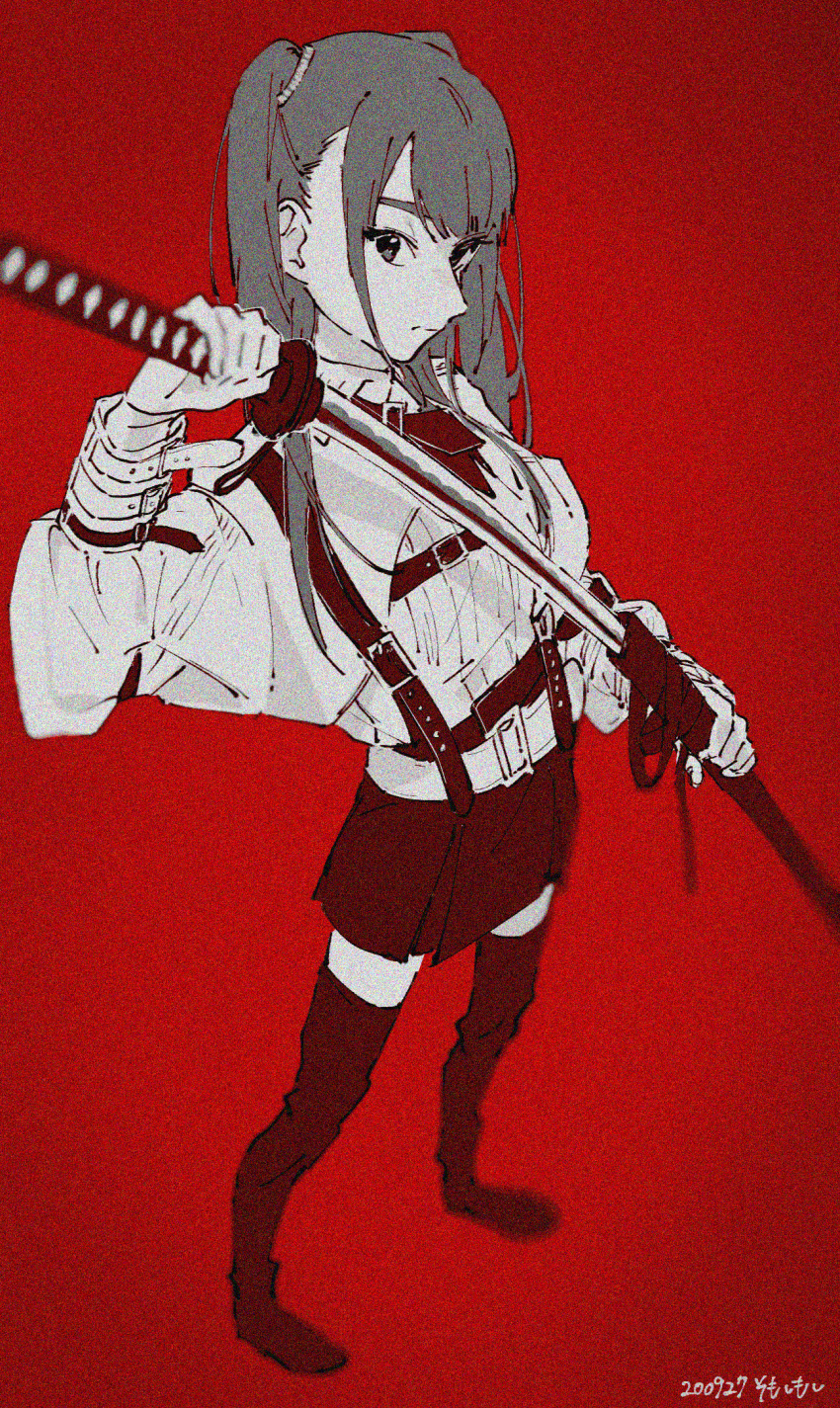 1girl, belt, belt_buckle, buckle, dated, film_grain, greyscale, highres, holding, holding_sheath, holding_sword, holding_weapon, katana, long_hair, monochrome, original, red_background, scabbard, sheath, signature, skirt, solo, somosimosi, spot_color, standing, sword, twintails, unsheathing, weapon