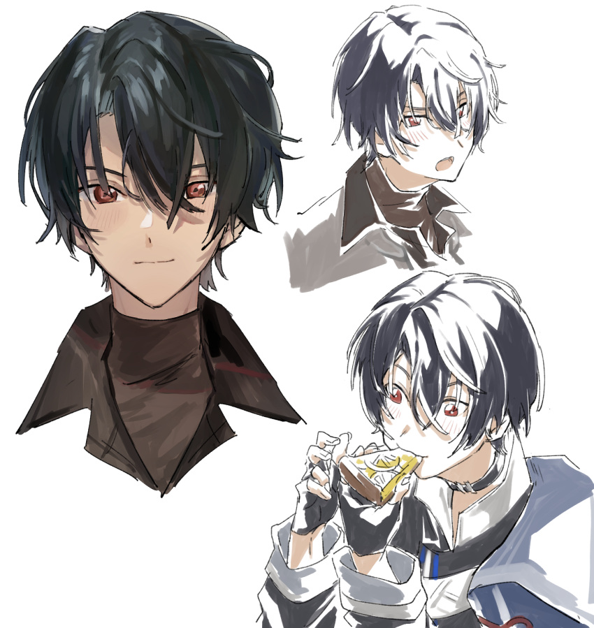1boy, black_choker, black_gloves, black_hair, blush, check_copyright, choker, closed_mouth