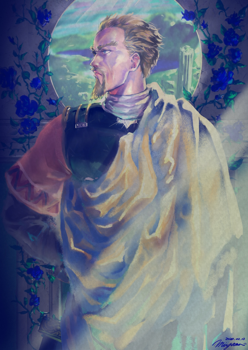 1boy, askeladd, beard, blonde_hair, blue_eyes, facial_hair, miyamainuzo, portrait