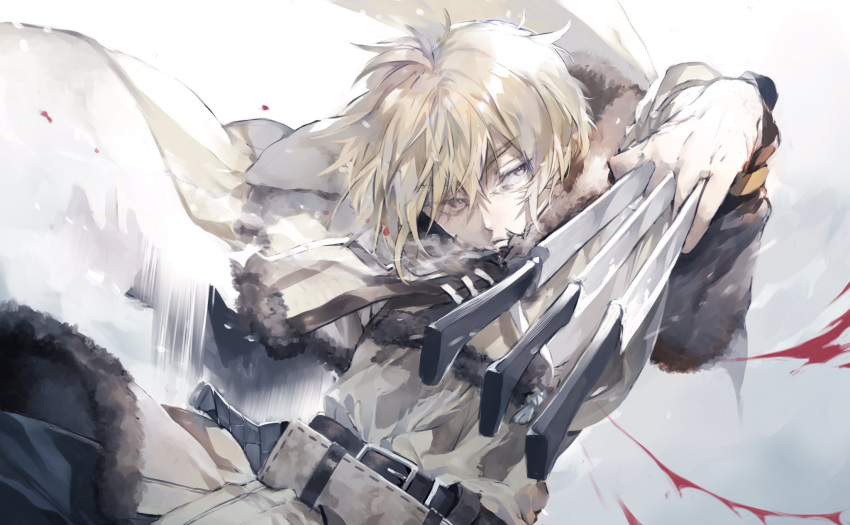 1boy, blonde_hair, blood, dagger, fighting_stance, highres, hmkang07, holding, holding_weapon, short_hair, thorfinn, vinland_saga, weapon