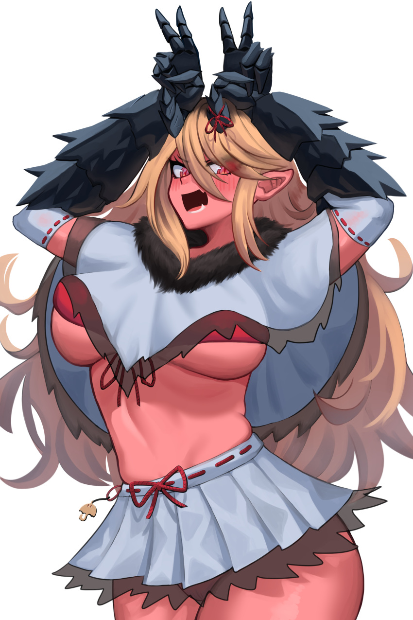 1girl, absurdres, amagasa, arms_up, blonde_hair, blush, clawed_gauntlets, colored_skin