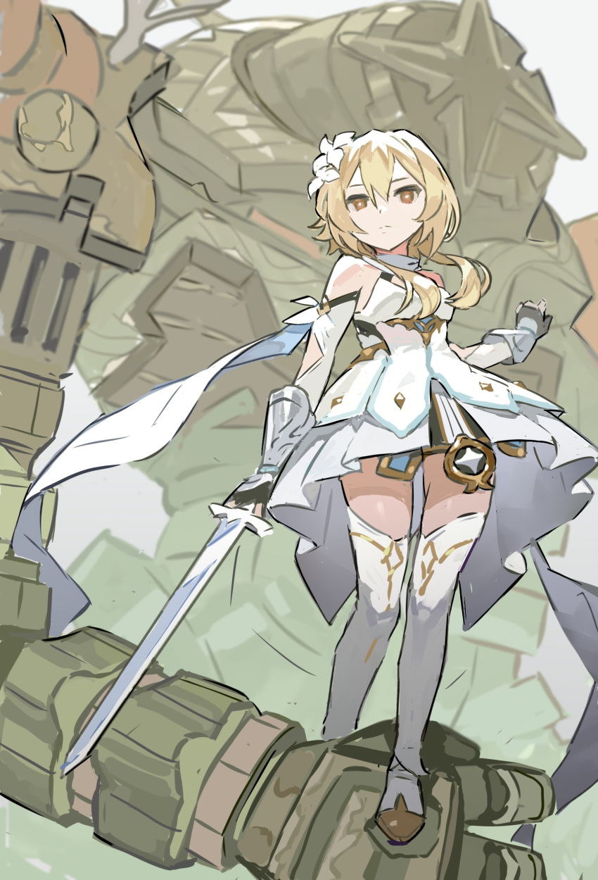 1girl, absurdres, akaneu, bangs, blonde_hair, closed_mouth, detached_sleeves, dress, fingerless_gloves, flower, gauntlets, genshin_impact, gloves, golem, hair_flower, hair_ornament, highres, holding, holding_sword, holding_weapon, lumine_(genshin_impact), robot, ruin_guard, scarf, short_hair_with_long_locks, standing, sword, thigh-highs, weapon, white_dress, white_flower, white_legwear, white_scarf, yellow_eyes