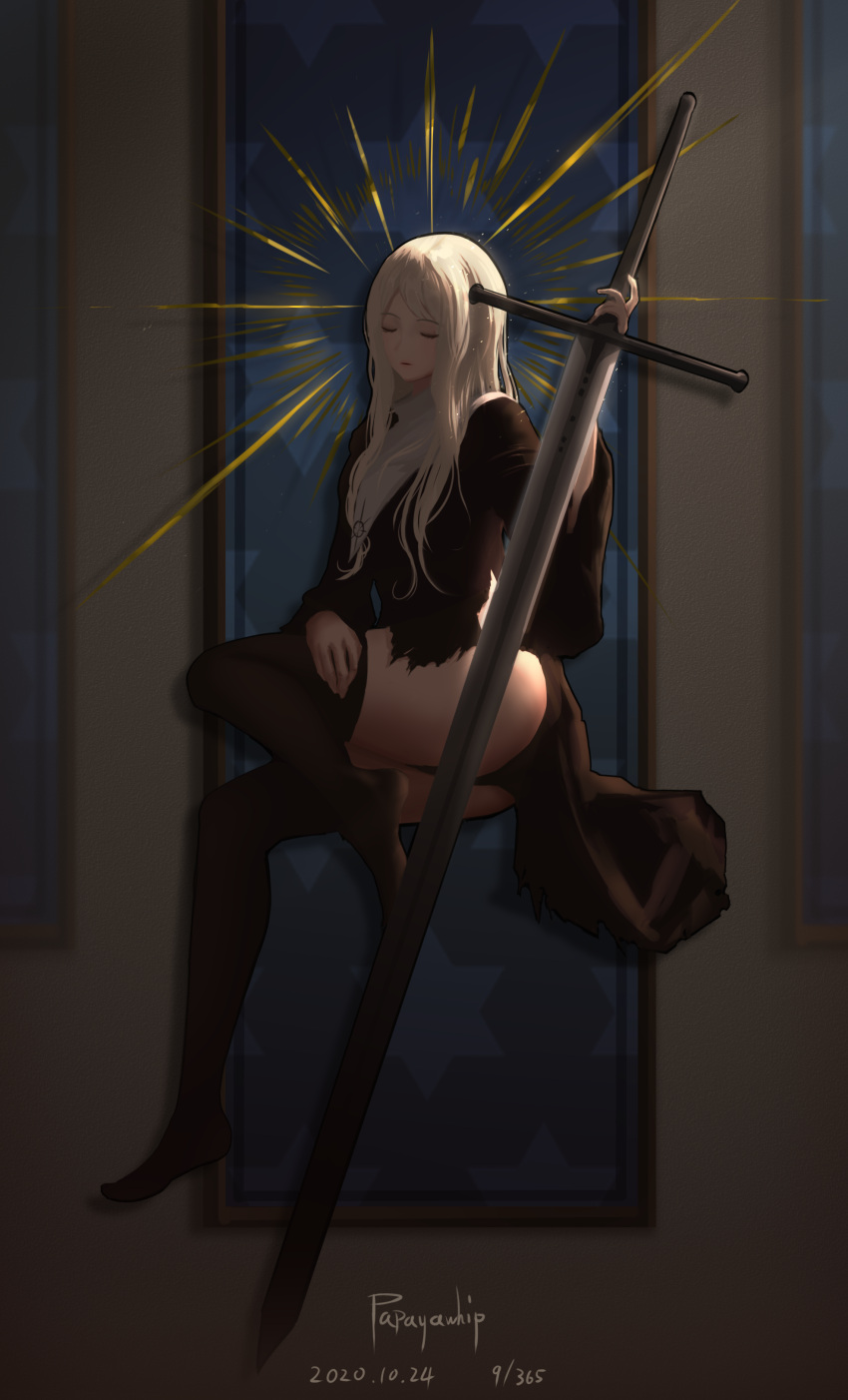1girl, absurdres, black_outline, blonde_hair, closed_eyes, dated, eyebrows_visible_through_hair, greatsword, highres, holding, holding_sword, holding_weapon, long_hair, number, original, outline, papayawhip, parted_lips, patterned, signature, solo, star_(symbol), sword, torn, torn_clothes, weapon