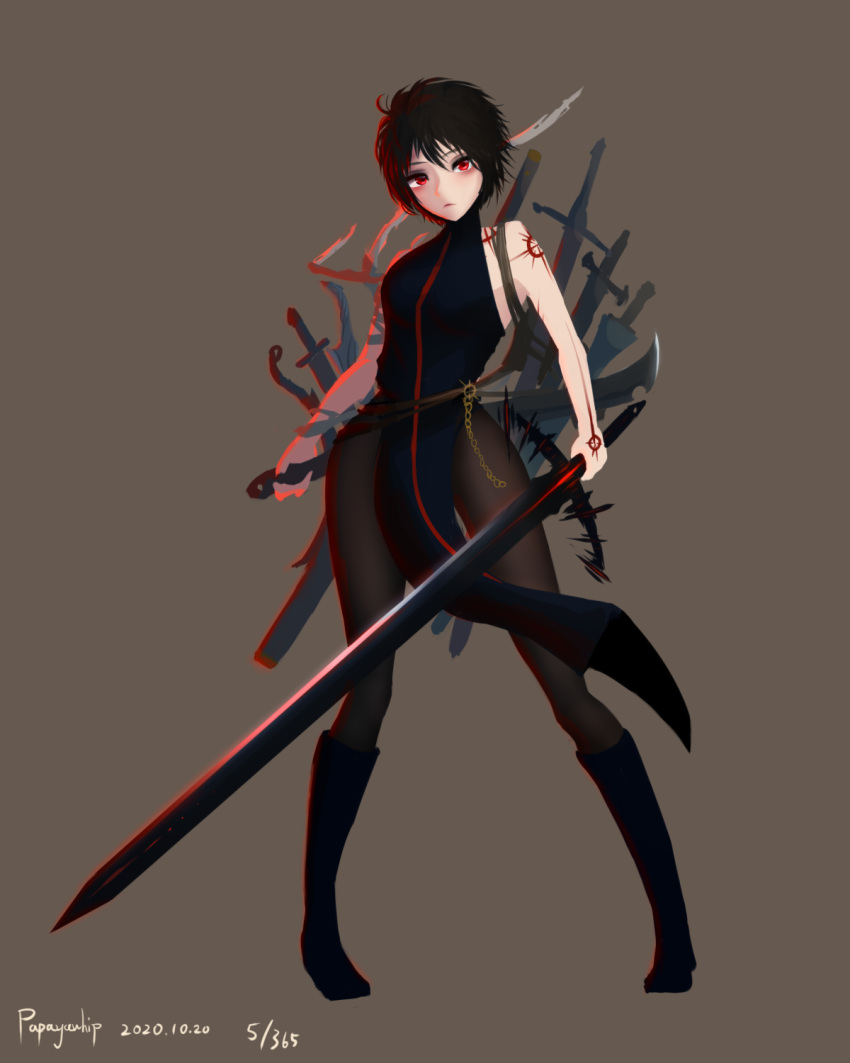 1girl, arm_tattoo, backlighting, bandaged_arm, bandages, bare_shoulders, black_footwear, black_hair