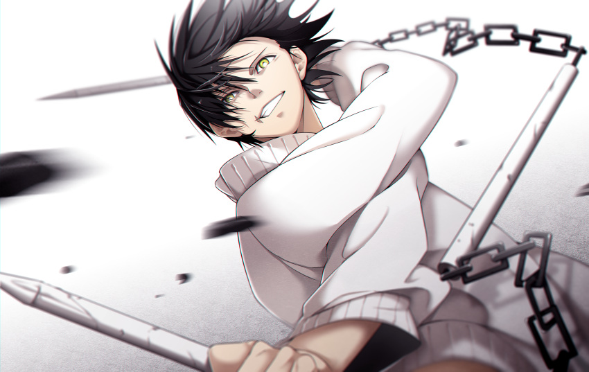 1boy, absurdres, black_hair, chain, crack, grin, highres, holding