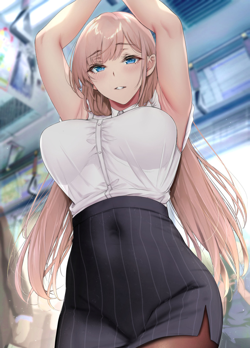 1girl, armpits, arms_up, bangs, black_legwear, blue_eyes, blush, breasts, brown_hair, covered_navel, cowboy_shot, eyebrows_visible_through_hair, from_below, gentsuki, high-waist_skirt, highres, large_breasts, long_hair, looking_at_viewer, miniskirt, office_lady, original, pantyhose, pencil_skirt, pinstripe_pattern, pinstripe_skirt, shirt, shirt_tucked_in, skirt, sleeveless, sleeveless_shirt, solo_focus, striped, tented_shirt, train_interior, very_long_hair