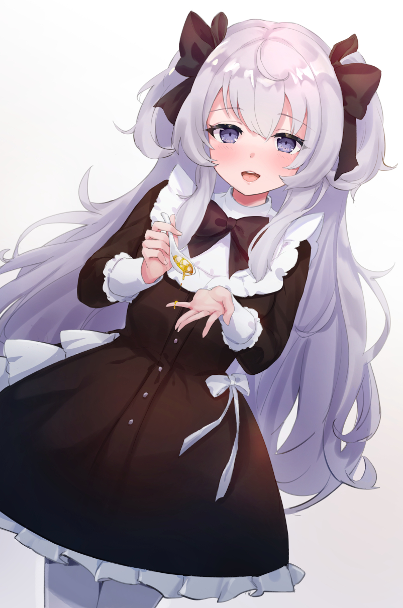 :d, bangs, black_bow, black_dress, blush, bow, breasts, commentary_request, copyright_request, dress, dutch_angle, eyebrows_visible_through_hair, feeding, food, frilled_dress, frills, gradient, gradient_background, grey_background, grey_eyes, hair_between_eyes, hair_bow, highres, holding, holding_spoon, incoming_food, liyu_(user_sfpu5743), long_sleeves, looking_at_viewer, mapo_doufu, open_mouth, pantyhose, silver_hair, small_breasts, smile, spoon, two_side_up, upper_teeth, virtual_youtuber, white_background, white_bow, white_legwear