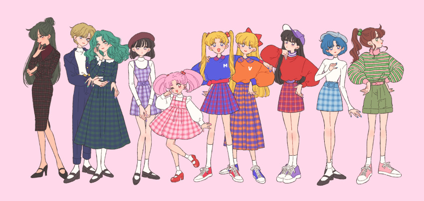 6+girls, absurdres, aino_minako, alternate_costume, arm_around_shoulder, bangs, baseball_cap, belt, beret, bishoujo_senshi_sailor_moon, black_dress, black_footwear, black_hair, blonde_hair, blue_eyes, blue_footwear, blue_hair, blue_headwear, blue_jacket, blue_pants, blue_shirt, blue_skirt, brown_hair, chibi_usa, dress, green_eyes, green_shirt, green_shorts, hair_bun, hair_ribbon, hand_on_hip, hat, high_heels, highres, hino_rei, jacket, kaiou_michiru, kino_makoto, long_hair, long_skirt, long_sleeves, looking_at_viewer, meiou_setsuna, mizuno_ami, multiple_girls, open_mouth, orange_shirt, pants, pantyhose, parted_bangs, pink_background, pink_dress, pink_eyes, pink_footwear, plaid, plaid_dress, plaid_skirt, ponytail, profile, puffy_long_sleeves, puffy_sleeves, purple_dress, purple_footwear, purple_headwear, red_footwear, red_ribbon, ribbon, rikuwo, shirt, shoes, short_hair, shorts, simple_background, skirt, smile, sneakers, socks, striped, striped_shirt, ten'ou_haruka, tomoe_hotaru, tsukino_usagi, twintails, violet_eyes, white_legwear, white_shirt