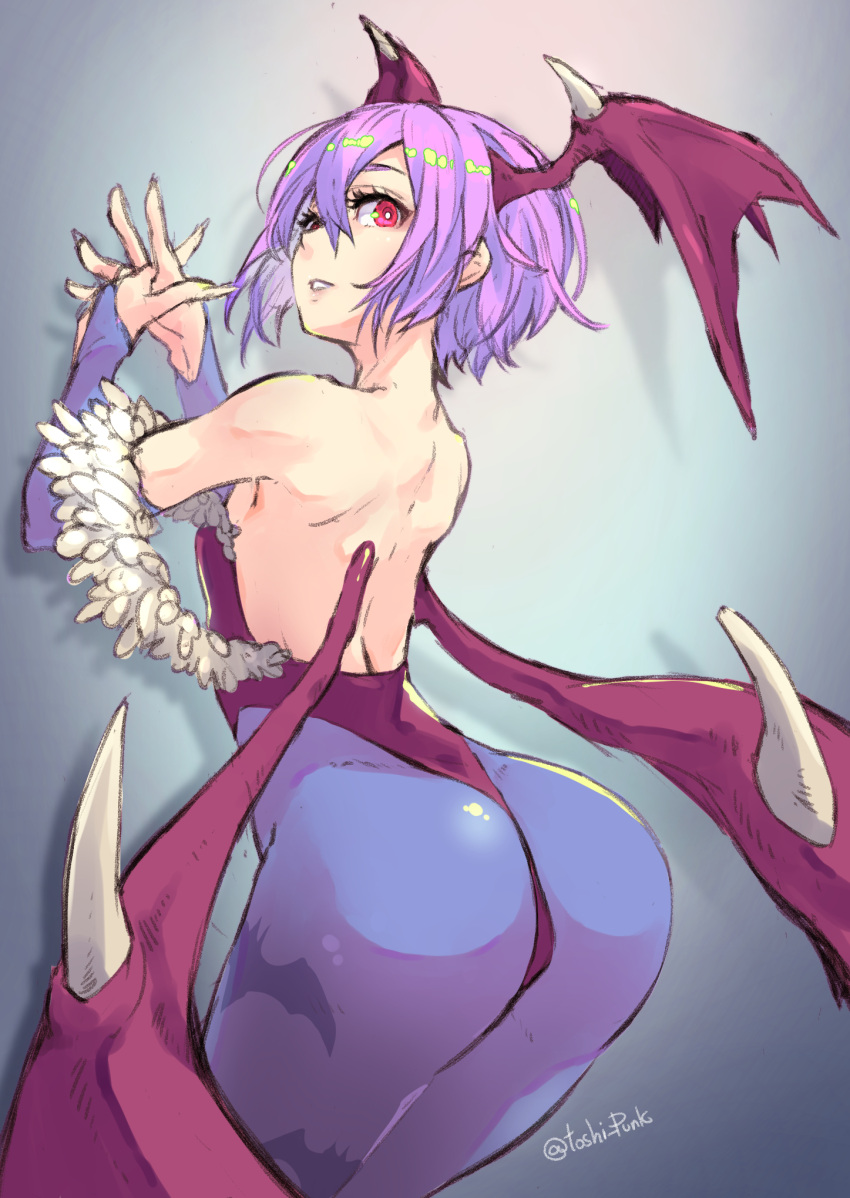 1girl, animal_print, ass, bat_print, demon_girl, demon_wings, detached_sleeves, head_wings