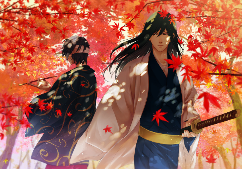 2boys, autumn_leaves, bandaged_head, bandages, bangs, black_hair, blue_kimono, commentary_request