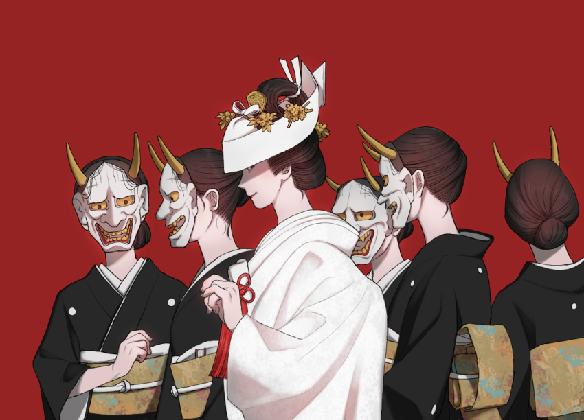 1girl, brown_hair, from_side, hair_bun, hannya, hat, horns, japanese_clothes