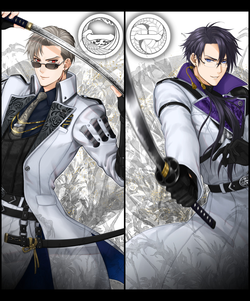 2boys, absurdres, ahoge, belt, black_belt, black_gloves, black_shirt, blonde_hair