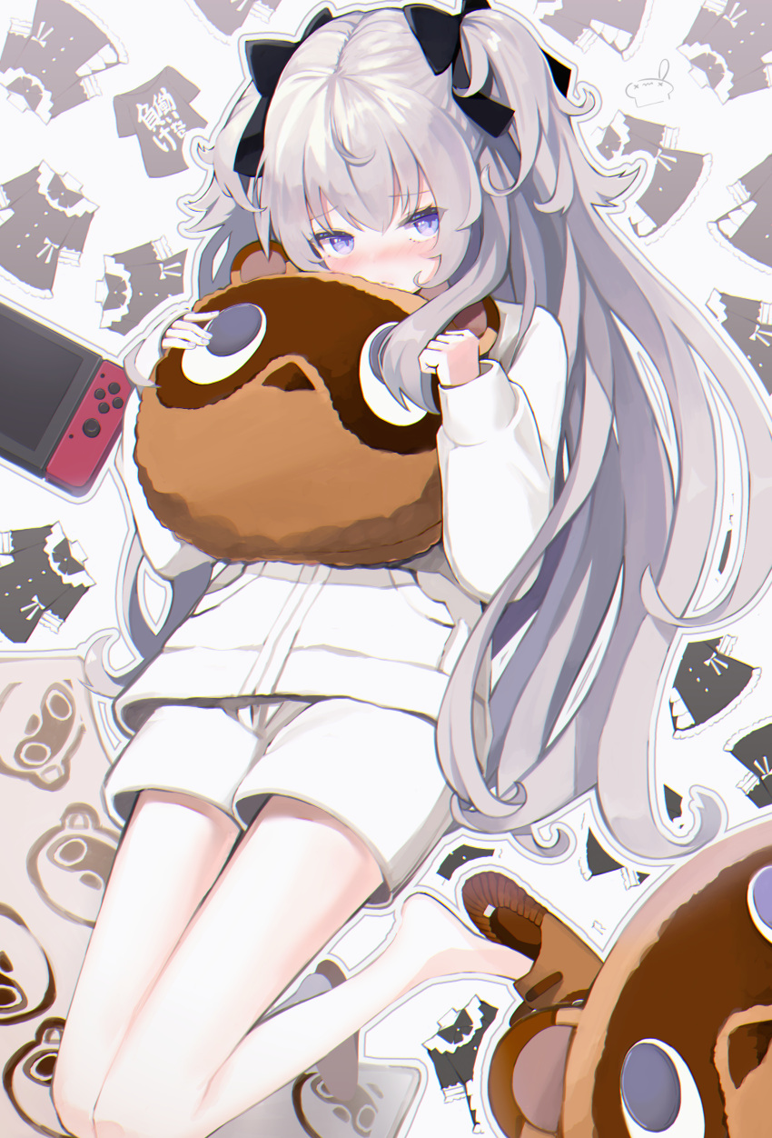 1girl, absurdres, animal_crossing, bangs, blush, brown_footwear, eyebrows_visible_through_hair, grey_hair