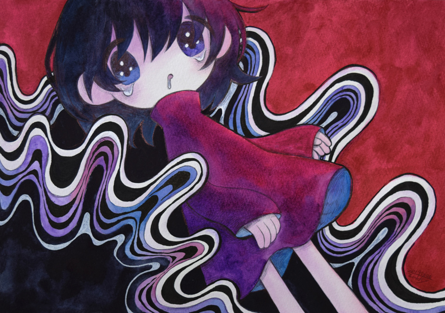1girl, abstract_background, black_hair, blue_eyes, drooling, feet_out_of_frame, hair_between_eyes, long_sleeves