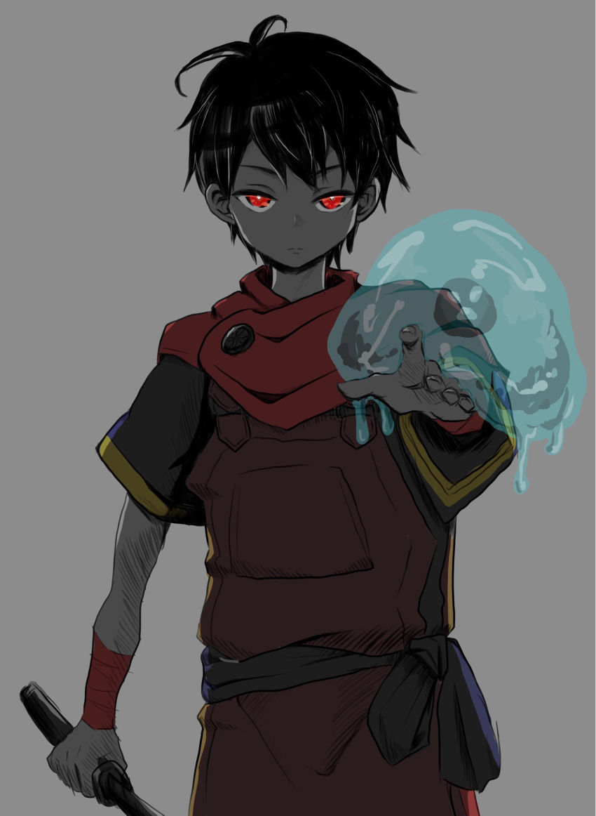 1boy, black_hair, dark_skin, highres, holding, holding_weapon, kami-tachi_ni_hirowareta_otoko, kanra_(igx), looking_at_viewer, male_focus, overalls, red_eyes, ryouma_takebayashi, scarf, simple_background, slime, solo, weapon