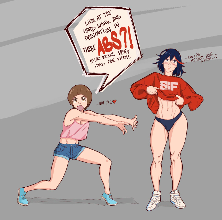 2girls, abs, ahoge, blood, blush, breasts, brown_eyes, brown_hair, commentary, english_text, frown, highres, kill_la_kill, large_breasts, mankanshoku_mako, matoi_ryuuko, multicolored_hair, multiple_girls, muscle, muscular_female, nosebleed, pose, sanchezisfine, shirt_lift, shoes, shorts, signature, simple_background, sneakers, sweatdrop, sweater, tank_top, tareme, tissue, two-tone_hair