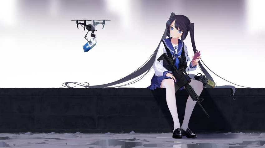 1girl, absurdly_long_hair, assault_rifle, black_hair, blue_eyes, borrowed_character, cellphone, drone