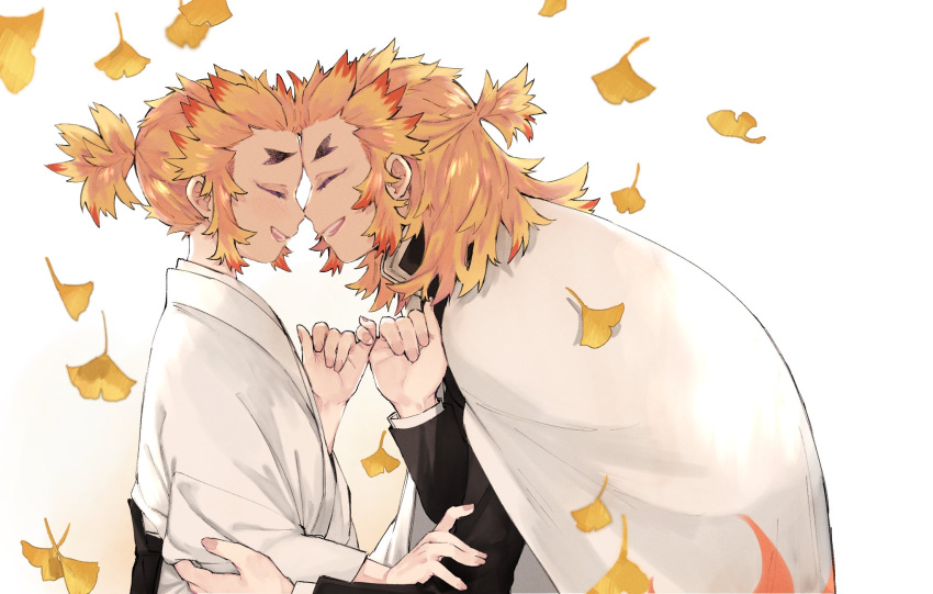 2boys, ^_^, black_jacket, blonde_hair, brothers, closed_eyes, falling_leaves, forehead-to-forehead, hand_up, haori, highres, jacket, japanese_clothes, kimetsu_no_yaiba, kimono, leaf, leaning_forward, long_sleeves, male_focus, medium_hair, multicolored_hair, multiple_boys, ohagigaumai, open_mouth, pinky_swear, ponytail, profile, redhead, rengoku_kyoujurou, rengoku_senjurou, short_hair, siblings, simple_background, smile, two-tone_hair, uniform, upper_body, white_background, white_kimono
