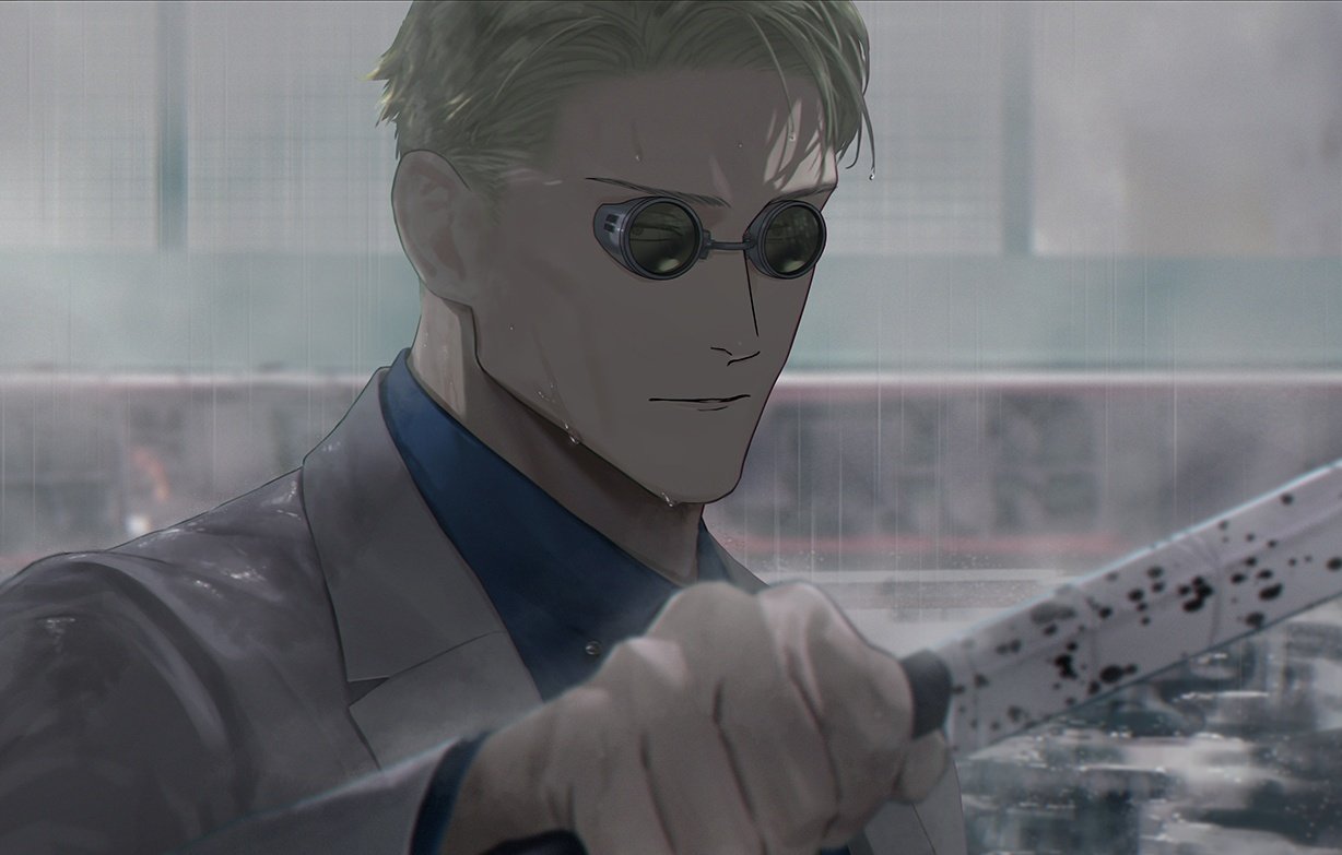 1boy, blonde_hair, blue_shirt, closed_mouth, collared_shirt, dress_shirt, formal, grey_jacket